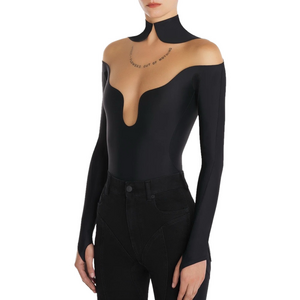 NWT Mugler Wavy Black bodysuit in light nude - size 34